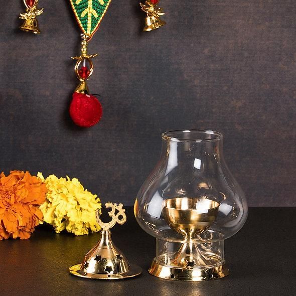 Brass Akhand Diya with Borosilicate Glass for Puja Home Temple Oil Lamp Tea Holder